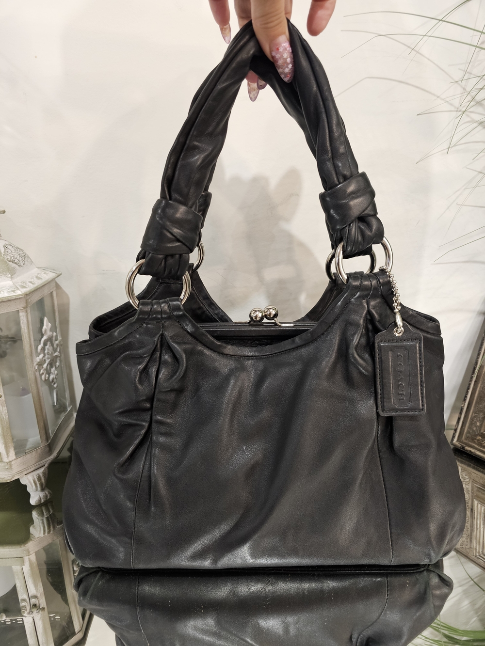Coach Parker Leather Kisslock Vintage Black Leather Knotted-Handle Shoulder Bag